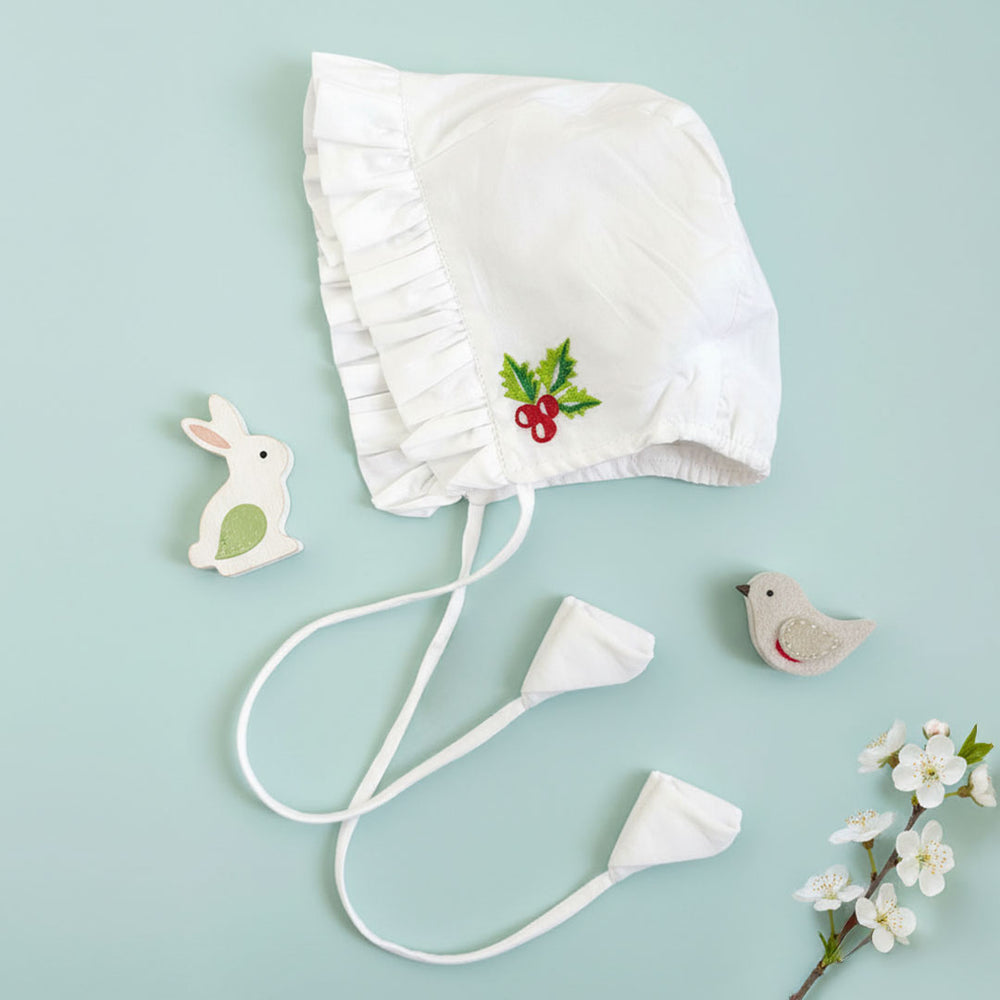 Embroidered White Ruffled Baby Bonnet - Merry Holly