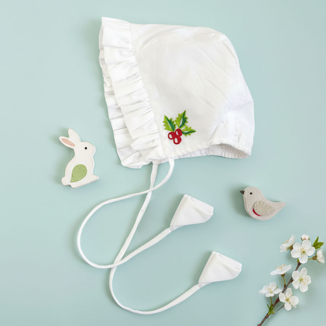 Keebee Organic Cotton Embroidered White Ruffled Baby Bonnet - Merry Holly