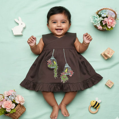 Embroidered Choco Brown Wrap Dress - Birdcage Garden