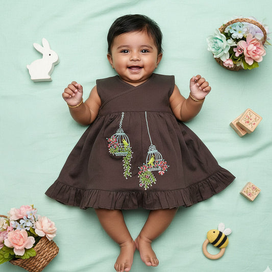 Keebee Organic Cotton Embroidered Girls Choco Brown Jabla / Wrap Dress - Birdcage Garden
