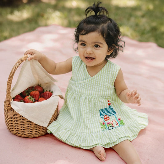 Baby Girl Embroidered Lime Green and White Wrap Dress - Home Sweet Home