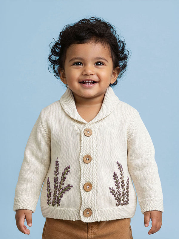Hand Embroidered White Cardigan - Winter Lavender