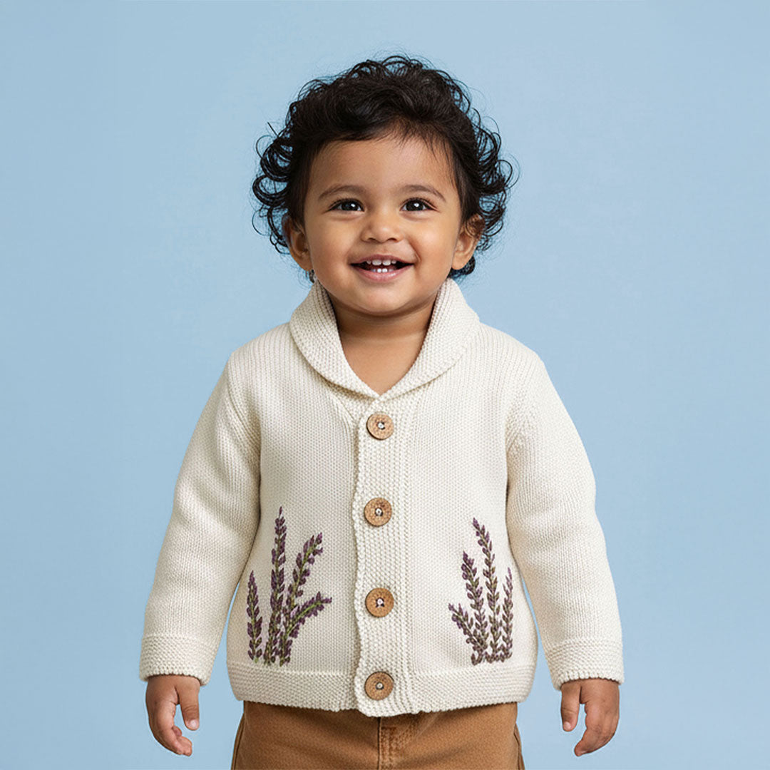 Hand Embroidered White Cardigan - Winter Lavender