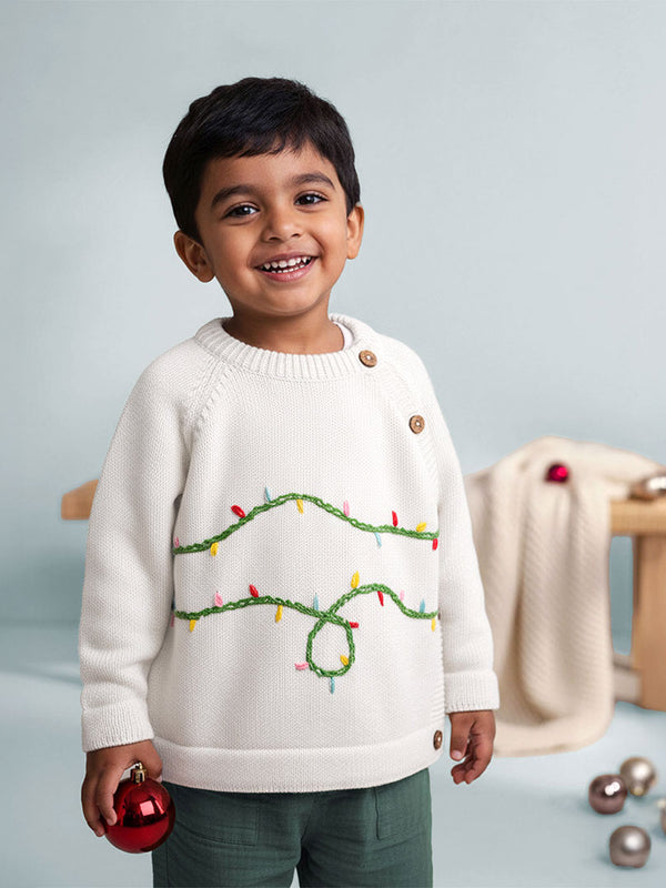 Hand Embroidered Holiday White Sweater - Twinkle Lights