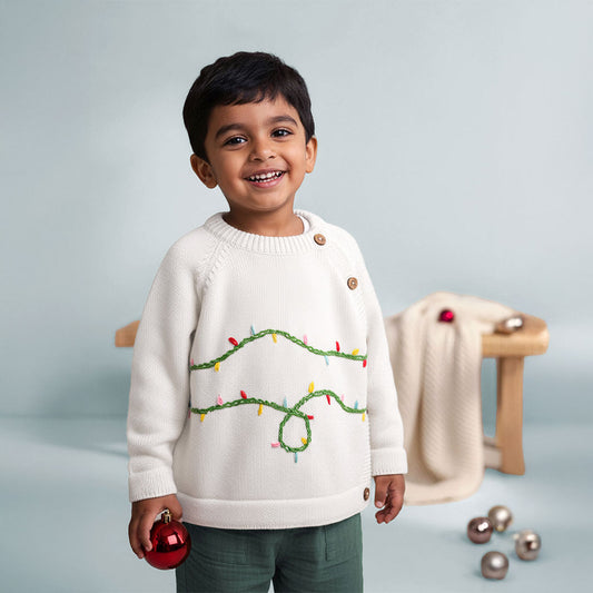 Keebee Organic Cotton Hand Embroidered Holiday White Sweater - Twinkle Lights