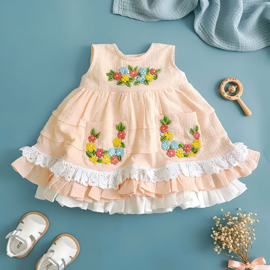 Keebee Organic Cotton Hand Embroidered Peach Baby Girl Peony Dress