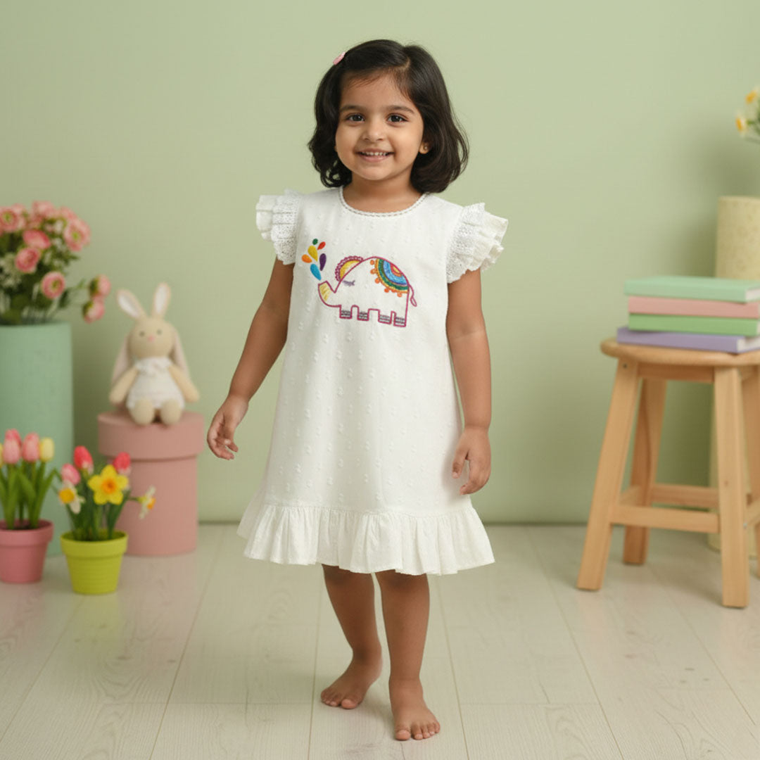 Hand Embroidered White Blossom Dress - Elephant