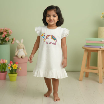 Hand Embroidered White Blossom Dress - Elephant