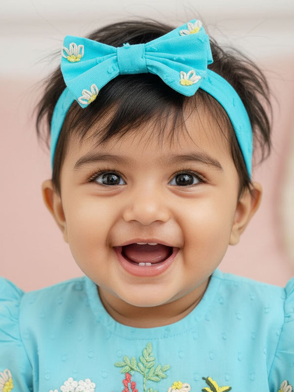 Tuquoise Blue Embroidered Classic Bow Girls Headband - Flower Garden