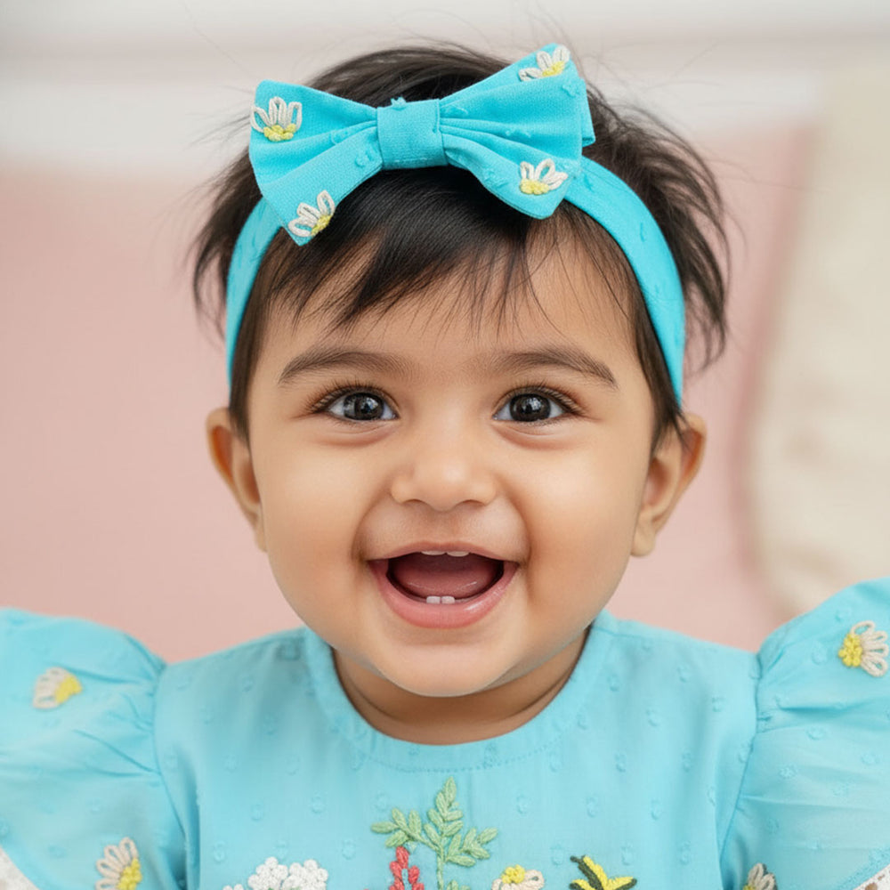 Tuquoise Blue Embroidered Classic Bow Girls Headband - Flower Garden