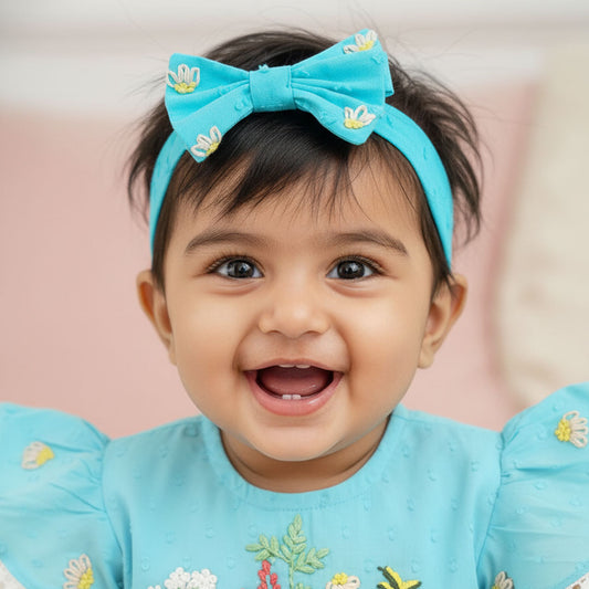 Keebee Organic Cotton Tuquoise Blue Embroidered Classic Bow Headband - Flower Garden