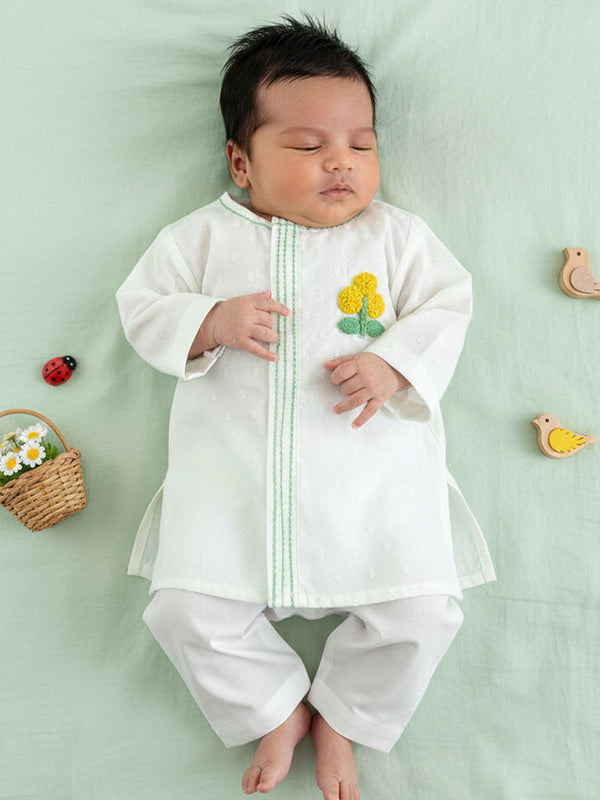 Newborn Baby Boy Embroidered White Kurta Set - Marigold