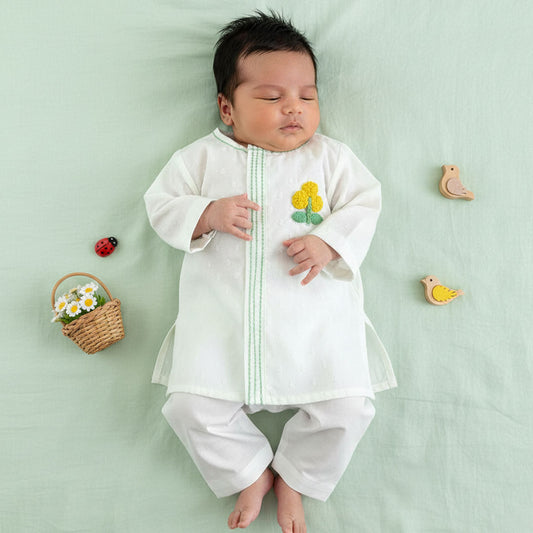 Keebee Organic Cotton Newborn Boys Textured White Kurta Set - Marigold