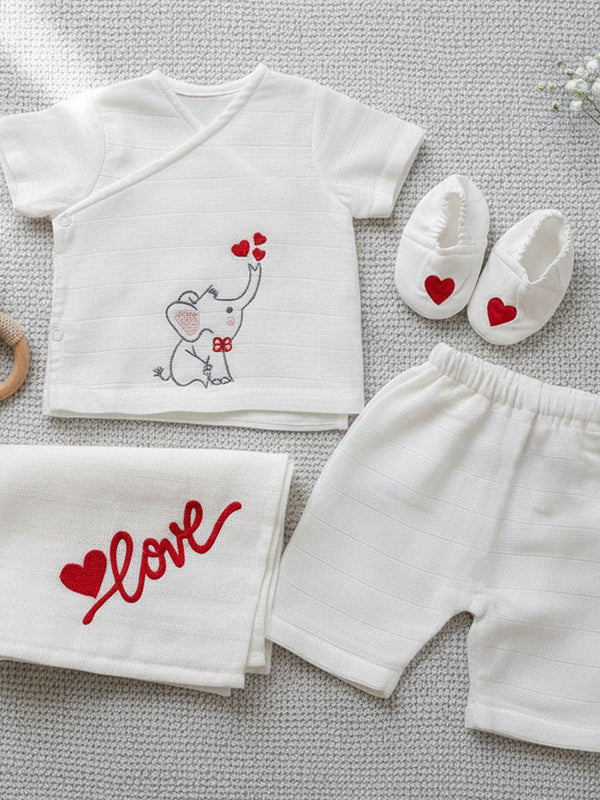 Baby Boy Embroidered White Jabla, Diaper Shorts & Accessories Set - Lil Elephant