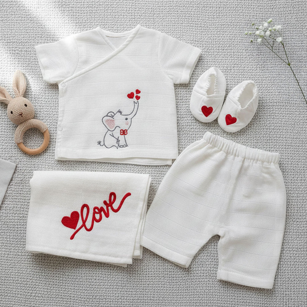 Baby Boy Embroidered White Jabla, Diaper Shorts & Accessories Set - Lil Elephant