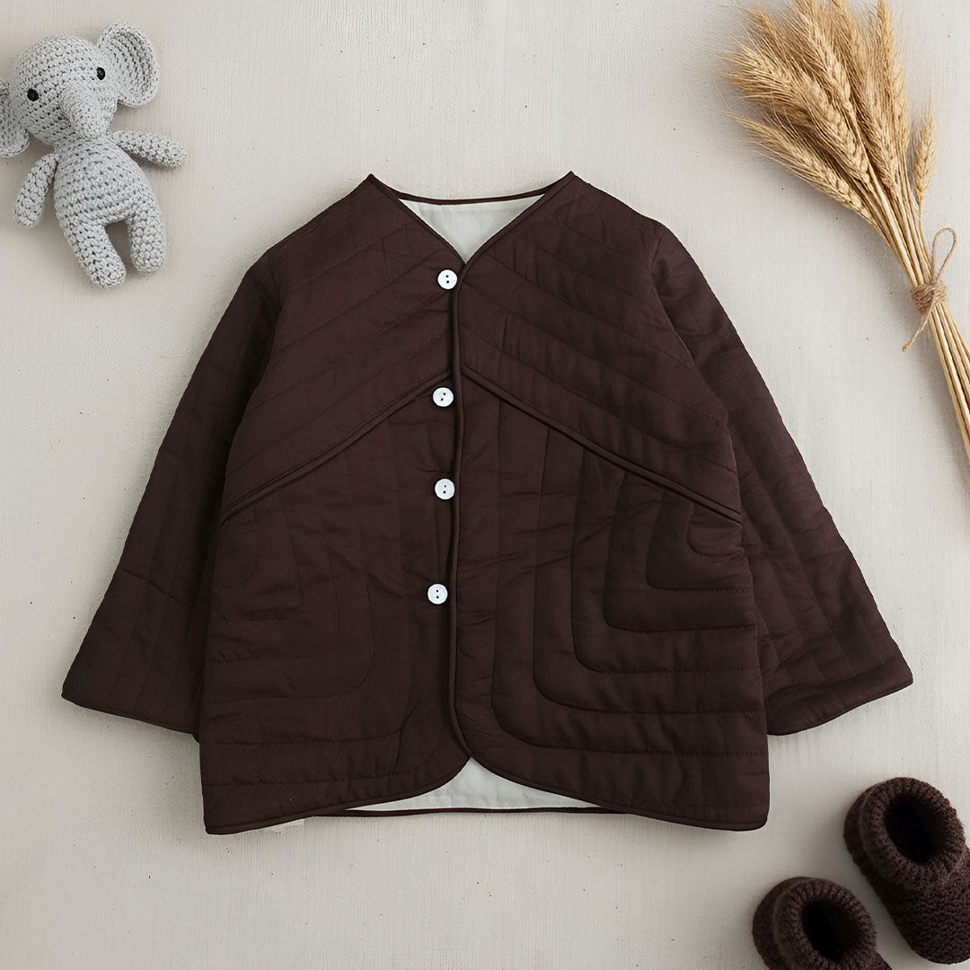Keebee Organic Cotton Patchwork Choco Brown Button Up Quilted Jacket