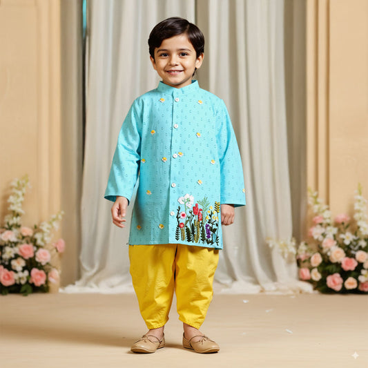 Keebee Organic Cotton Hand Embroidered Light Blue Kurta paired with Patiala Pants - Flower Garden