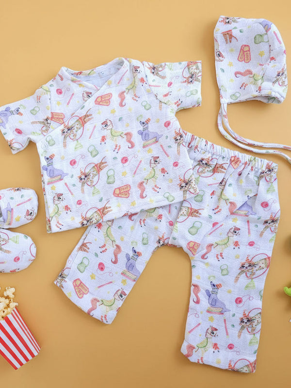 Muslin Printed White Jabla, Diaper Pants and Accessories Set - Circus Crew