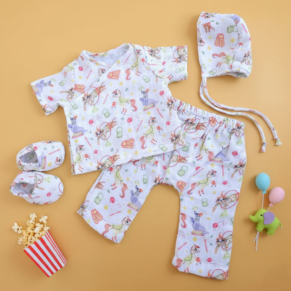 Muslin Printed White Jabla, Diaper Pants and Accessories Set - Circus Crew