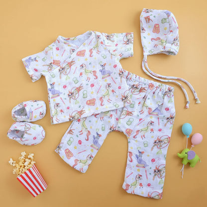 Muslin Printed White Jabla, Diaper Pants and Accessories Set - Circus Crew