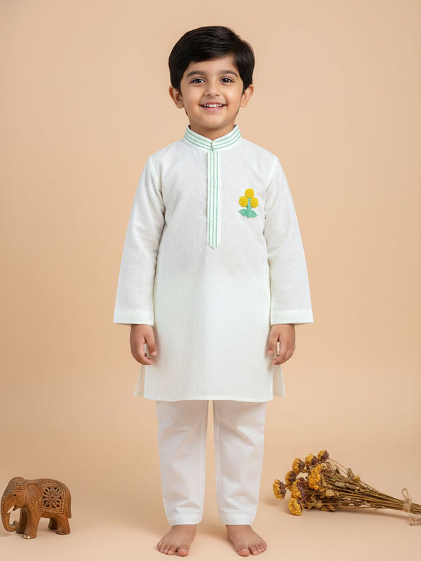 Boys Embroidered White Kurta paired with Pajama Pants - Marigold