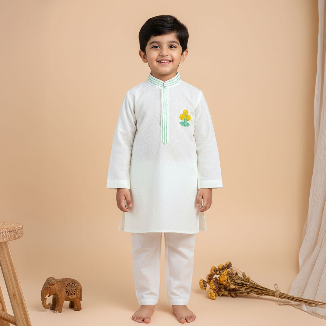 Boys Embroidered White Kurta paired with Pajama Pants - Marigold