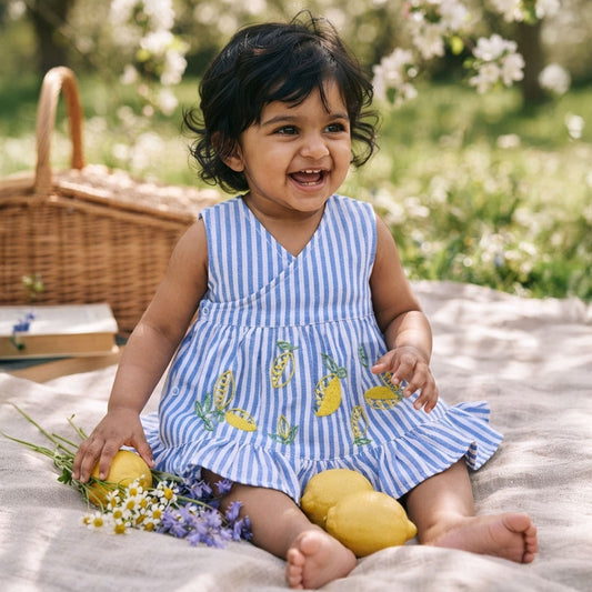Baby Girl Embroidered Blue and White Wrap Dress - Lemons and Leaves