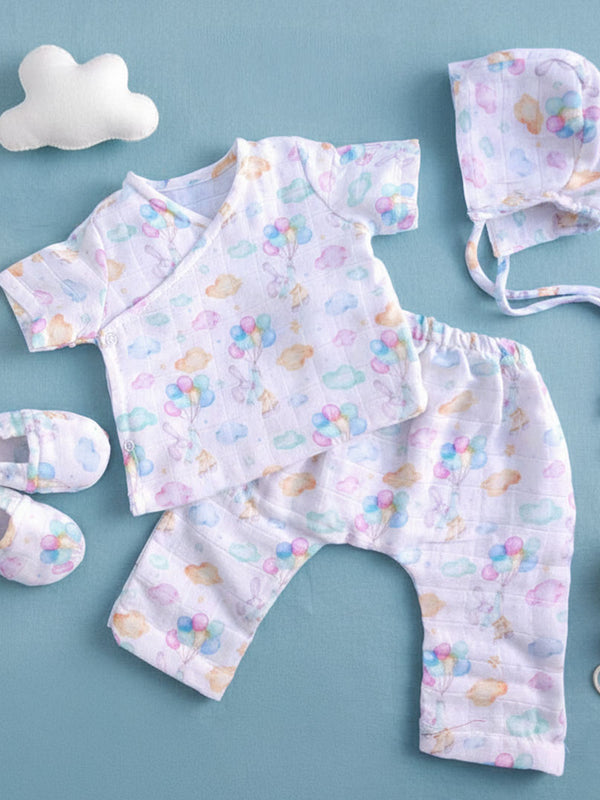 Muslin Printed White Jabla, Diaper Pants and Accessories Set - Bunny with Balloons