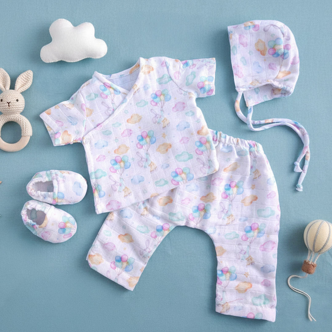 Muslin Printed White Jabla, Diaper Pants and Accessories Set - Bunny with Balloons