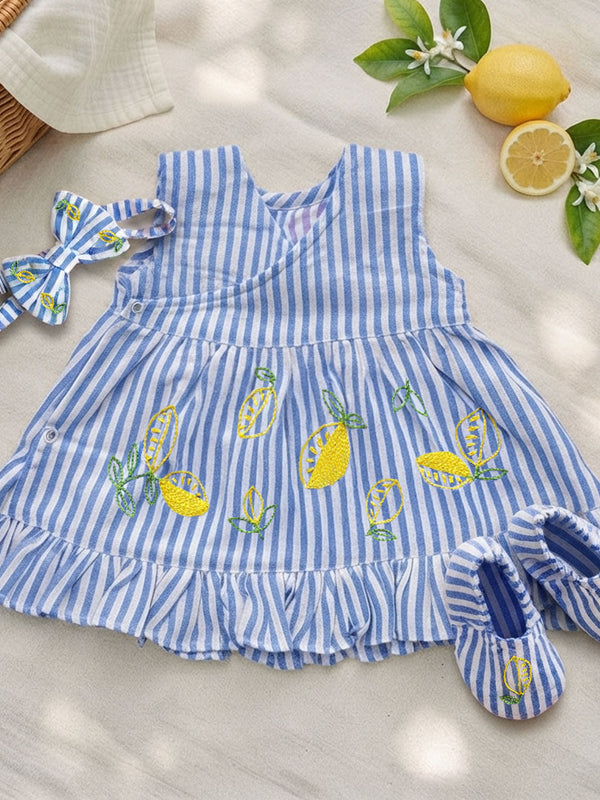 Baby Girl Embroidered Blue and White Wrap Dress and Accessories Set - Lemons and Leaves