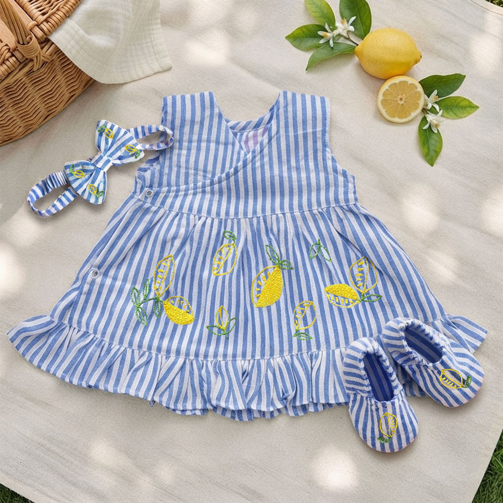 Baby Girl Embroidered Blue and White Wrap Dress and Accessories Set - Lemons and Leaves