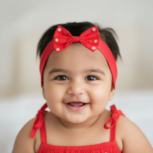 Keebee Organic Cotton Red Embroidered Classic Bow Headband - Colorful Flowers