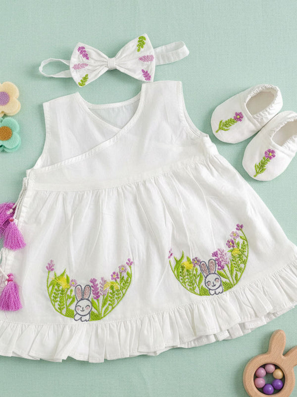 Embroidered White Dress and Accessories Set - Rabbit