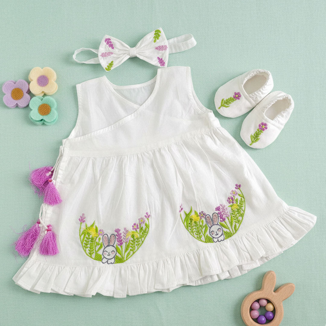 Keebee Organic Cotton Baby Girl Embroidered White Dress and Accessories Set - Rabbit