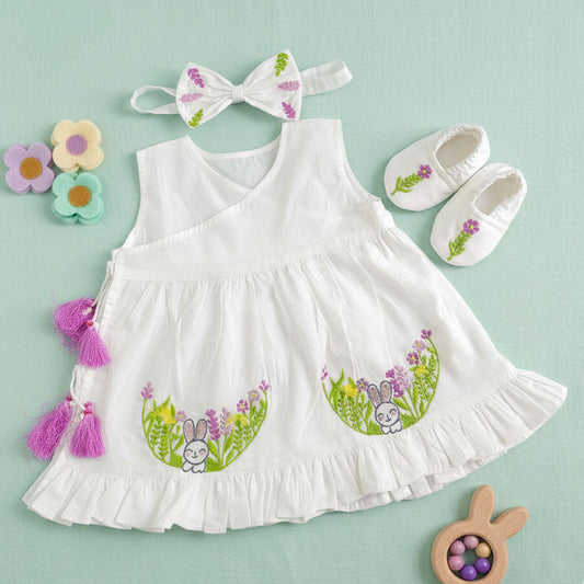 Keebee Organic Cotton Baby Girl Embroidered White Dress and Accessories Set - Rabbit