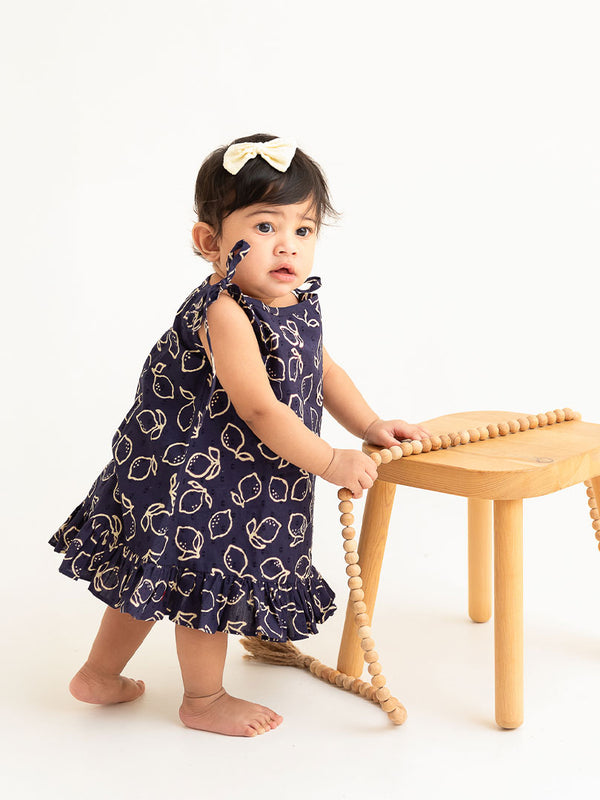 Printed Shoulder Knot Dress - Lemon