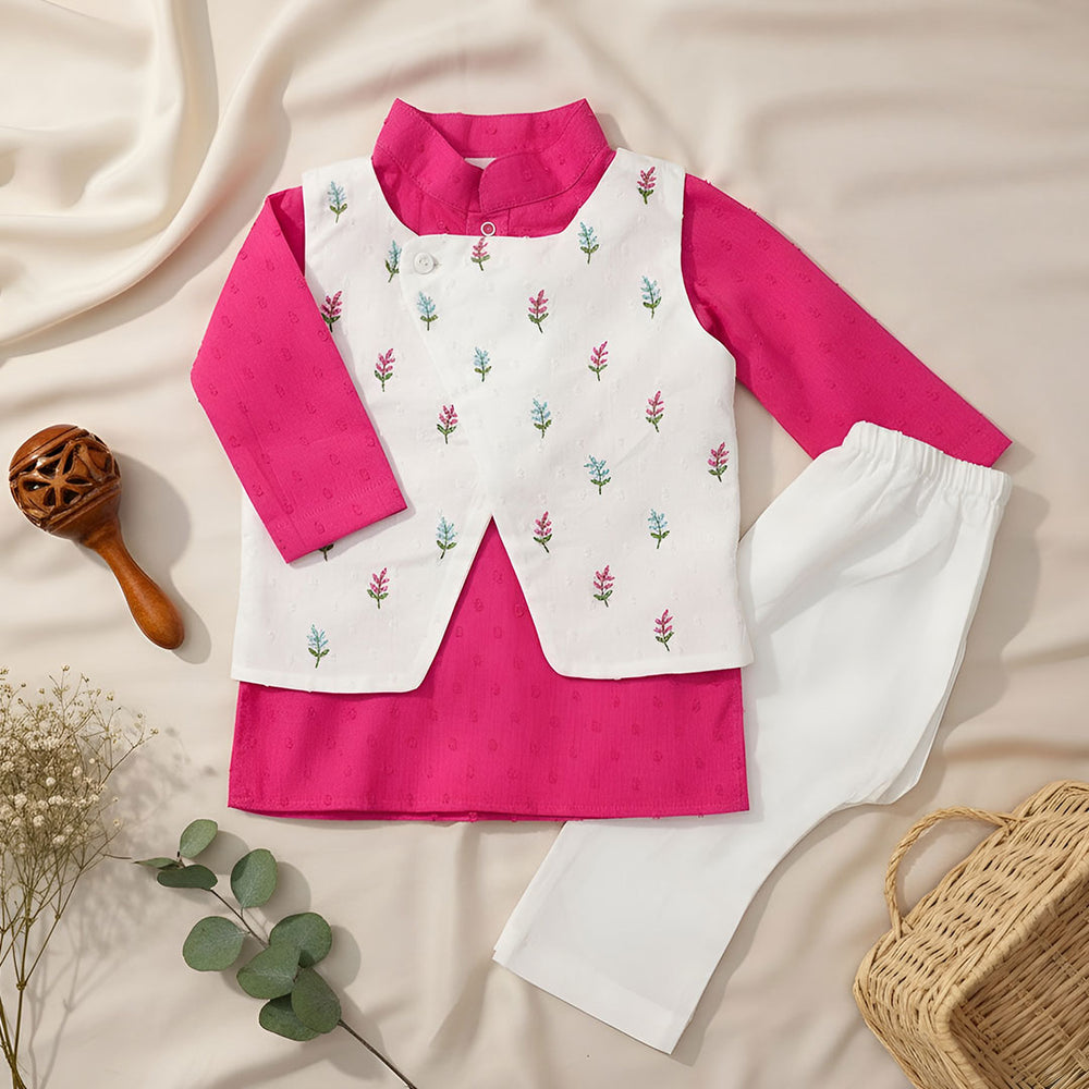Boys Floral Embroidered Jacket Kurta and White Pajama Pants Set - Hot Pink