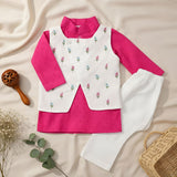 Boys Floral Embroidered Jacket Kurta and White Pajama Pants Set - Hot Pink