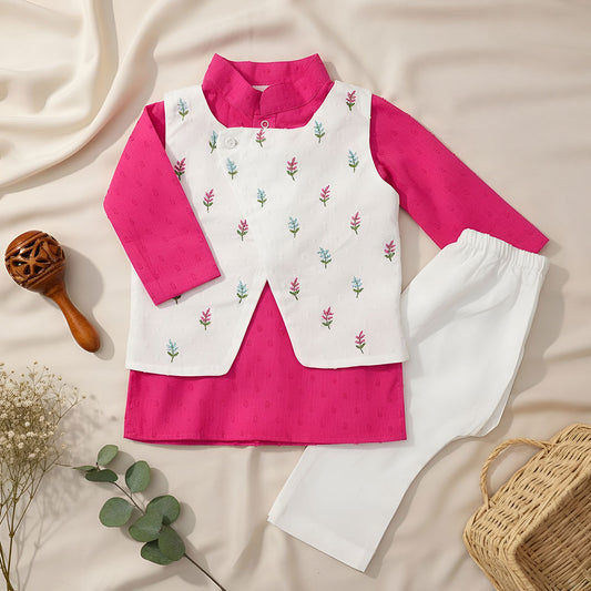 Keebee Organic Cotton Floral Embroidered Jacket Kurta and White Pajama Pants Set - Hot Pink