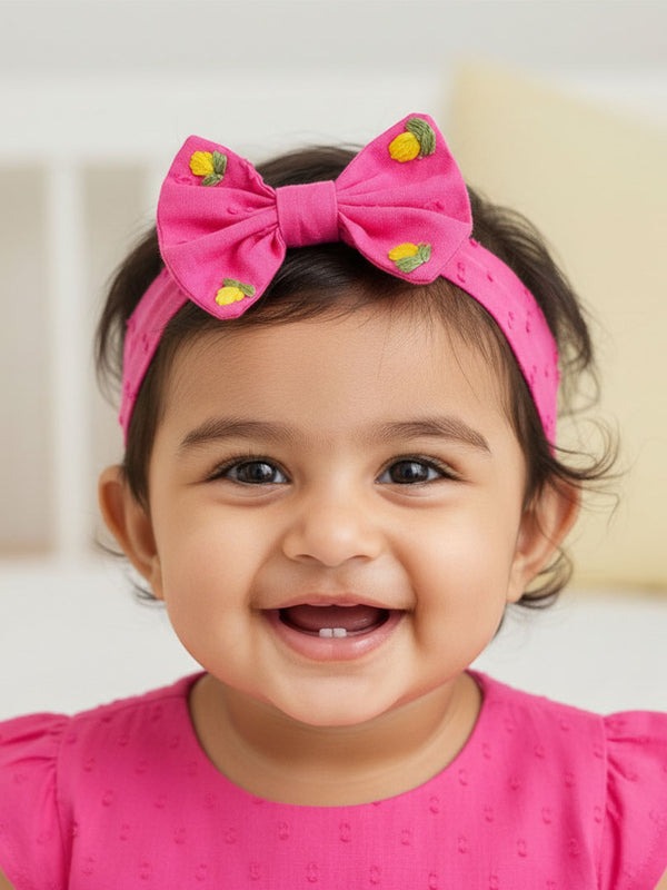 Hot Pink Embroidered Classic Bow Girls Headband - Yellow Flowers