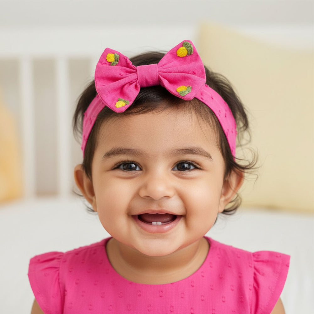 Hot Pink Embroidered Classic Bow Girls Headband - Yellow Flowers