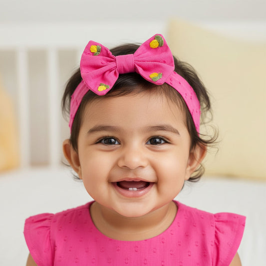 Keebee Organic Cotton Hot Pink Embroidered Classic Bow Headband - Yellow Flowers