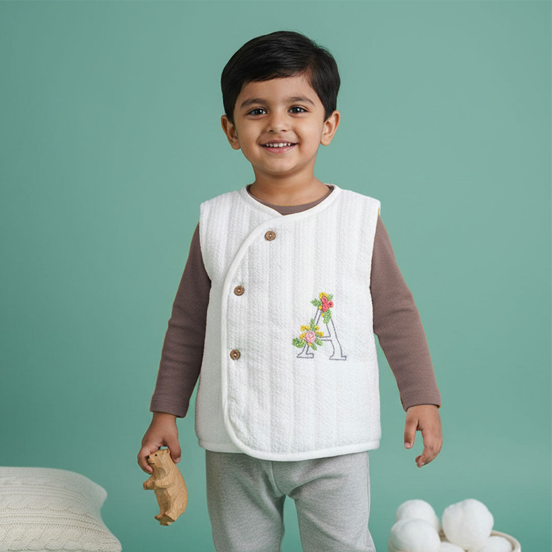 Keebee Organic Cotton Embroidered White Button Up Quilted Vest - Your Baby's Initial