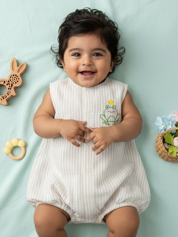Baby Boy Embroidered Beige and White Romper - Frog the Prince