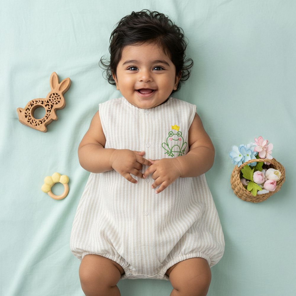 Baby Boy Embroidered Beige and White Romper - Frog the Prince