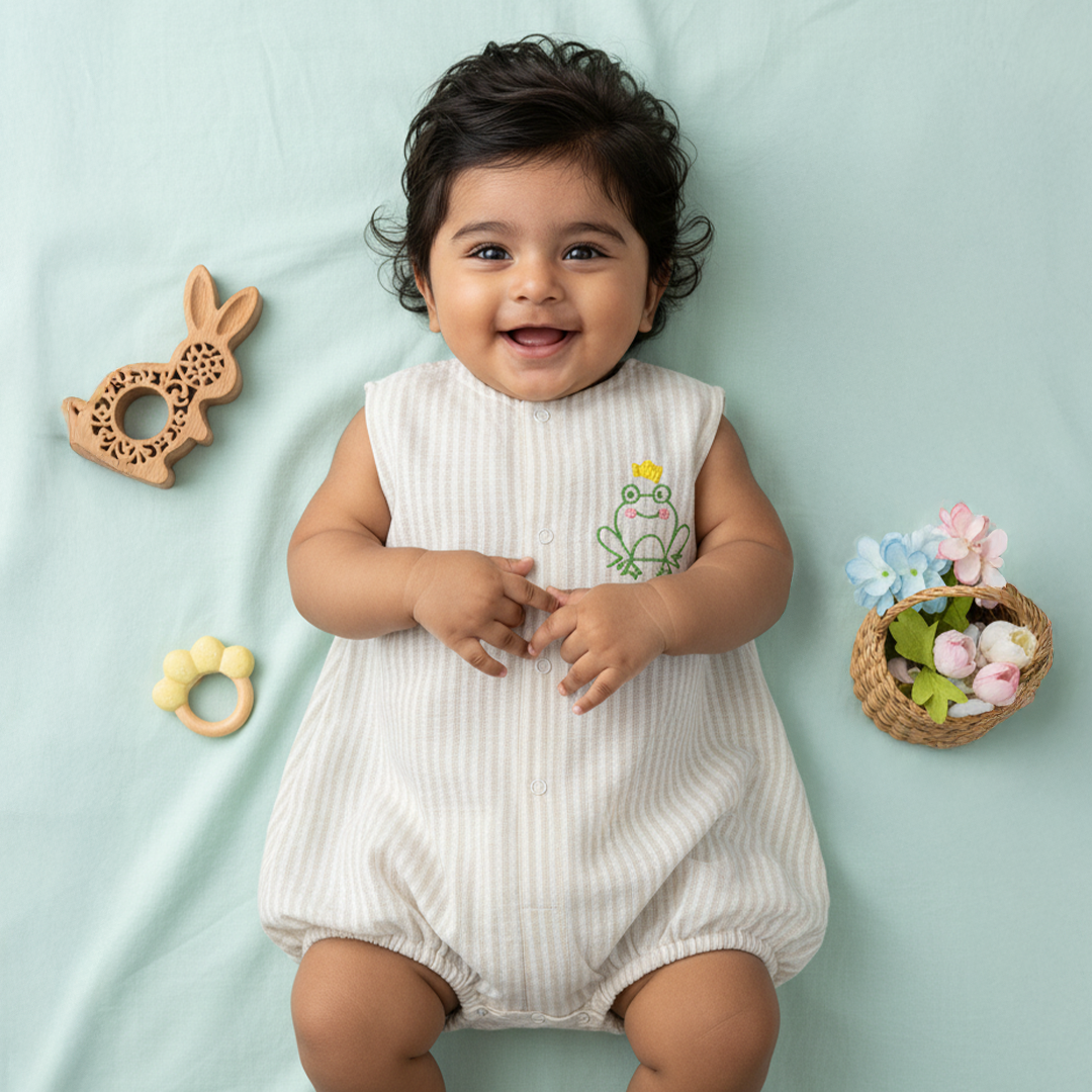 Baby Boy Embroidered Beige and White Romper - Frog the Prince