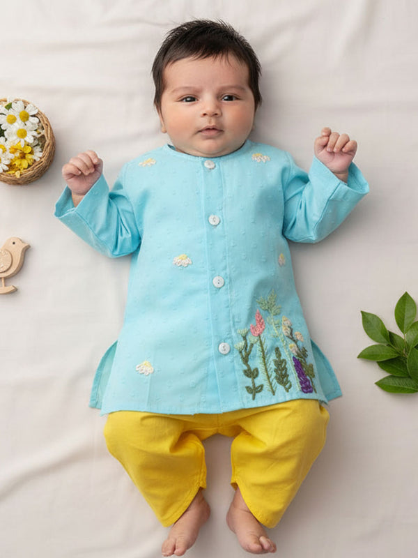 Newborn Baby Boy Embroidered Turquoise Blue Kurta & Dhoti Pant Set – Flower Garden