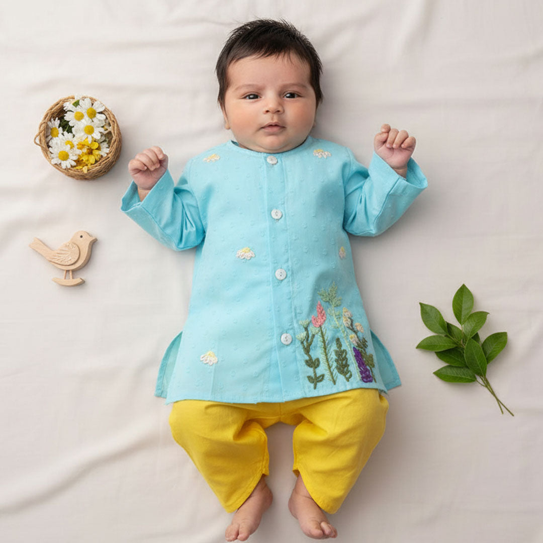 Newborn Baby Boy Embroidered Turquoise Blue Kurta & Dhoti Pant Set – Flower Garden