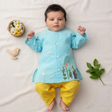Newborn Baby Boy Embroidered Turquoise Blue Kurta & Dhoti Pant Set – Flower Garden