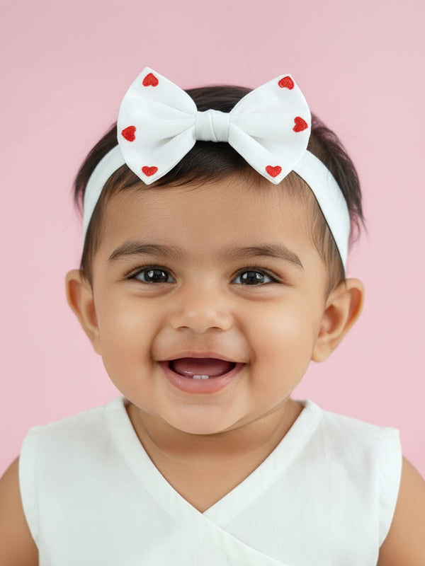 White Embroidered Classic Bow Girls Headband - Little Hearts